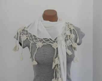 Off White Scarf, Cotton Scarf, Women Shawl, Crochet Flowers, Wedding Fashion