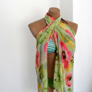 Crinkle Scarf, Floral Pareo, Summer Blooms, Pink Lime Green image 1