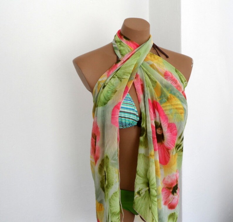 Crinkle Scarf, Floral Pareo, Summer Blooms, Pink Lime Green image 1