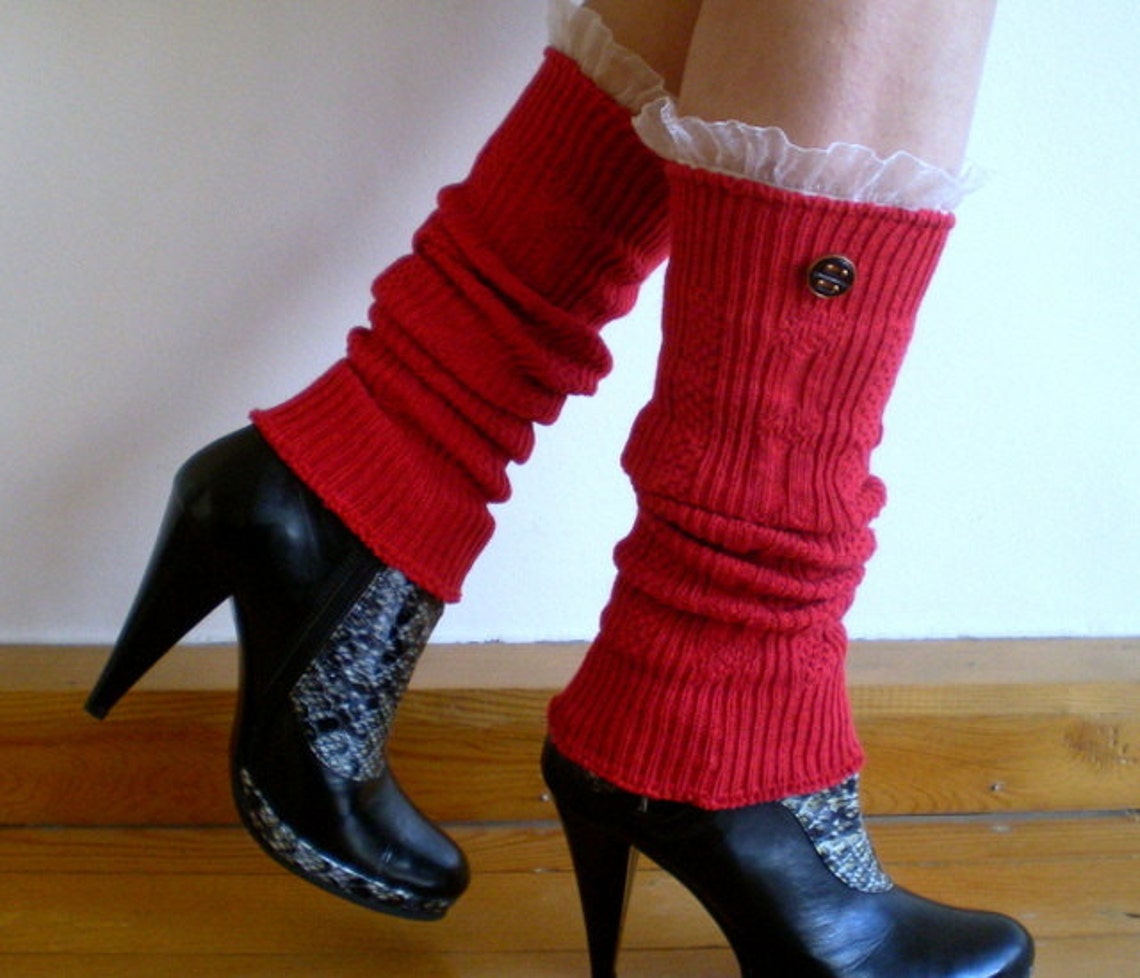Frilly Red Leg Warmers, Boot Toppers, Boot Socks With Tulle Lace