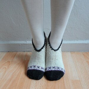 Hand Knitted Wool Cream Socks Slippers, Wool Socks, Women Socks, Black Purple Socks, Winter Fashion, Winter Accessories image 3