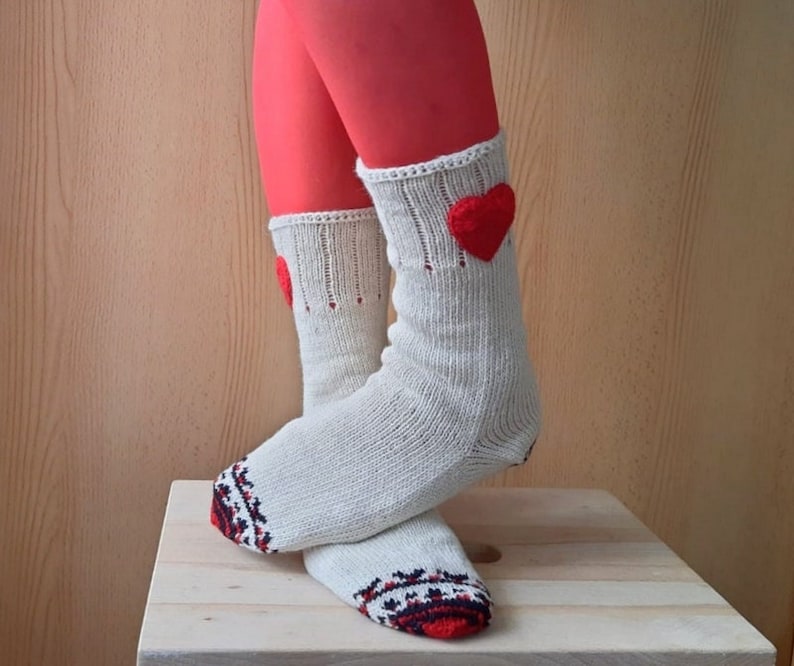 Cream Wool Socks, Heart Socks, Knit Wool Socks, Valentines Socks, Christmas Gift, Winter Socks image 5