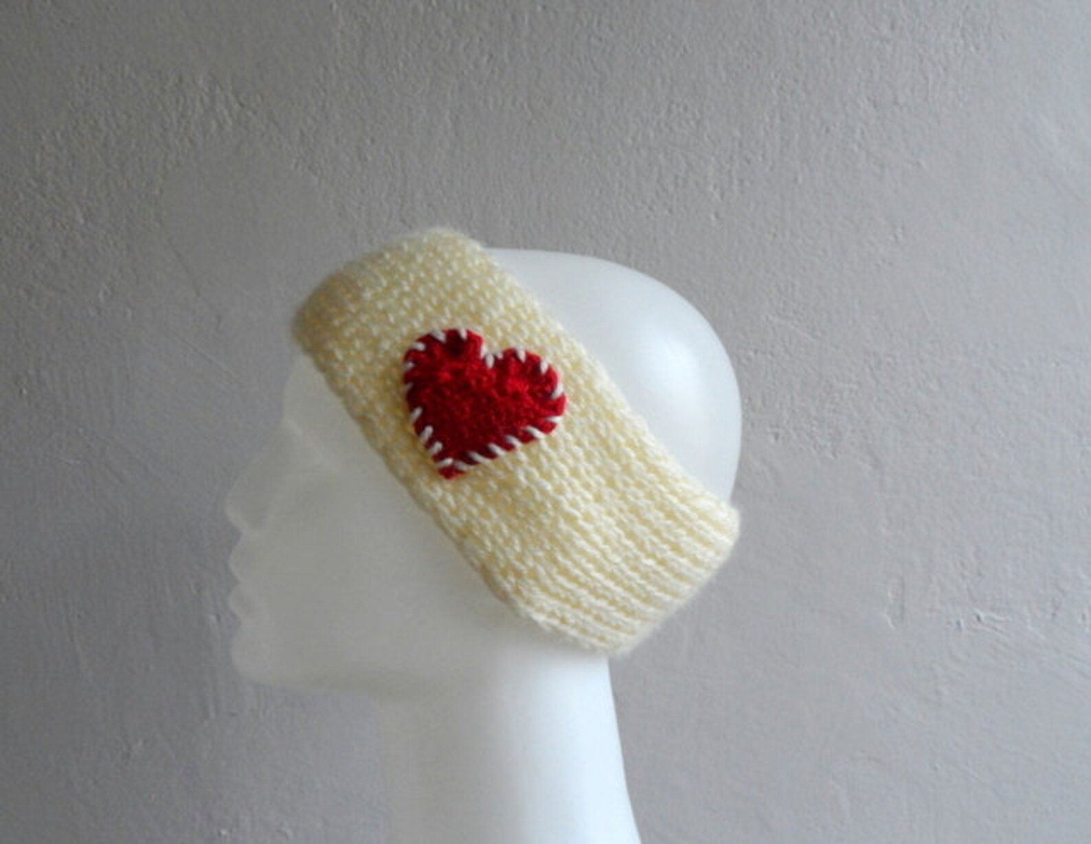 Knit Heart Headband Cream and Red, Ear Warmer, Headwarmer, Head Wrap
