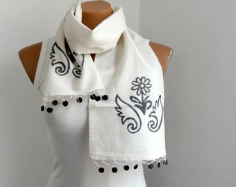 Cream Scarf, Women Scarves, Hand Stamp Cotton Scarf, Gift under 25, Gift for mom