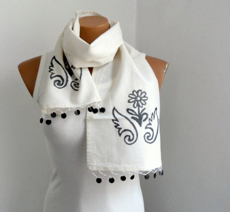 Cream Scarf, Women Scarves, Hand Stamp Cotton Scarf, Gift under 25, Gift for mom image 1