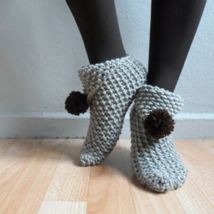 Women Slippers, Stone Beige Knit Slippers with Pompoms, House Shoes, Slippers Socks,Winter Fashion image 4