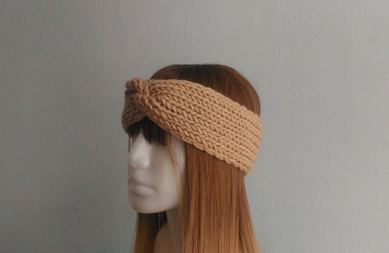 Knitted Headband in Light Brown, Twisted Headband, Hand Knit Turban, Chunky Headband, Turban Twisted Headband, Women Headband, Boho Headband image 1