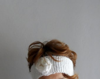 Diadema de punto, diadema de punto, calentador de orejas, envoltura para la cabeza, diadema de flores de punto, blanco roto, moda de invierno