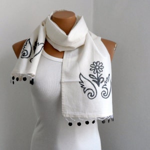 Cream Scarf, Women Scarves, Hand Stamp Cotton Scarf, Gift under 25, Gift for mom image 3