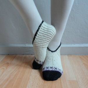 Hand Knitted Wool Cream Socks Slippers, Wool Socks, Women Socks, Black Purple Socks, Winter Fashion, Winter Accessories image 4