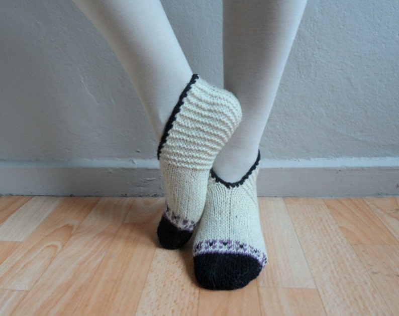 Hand Knitted Wool Cream Socks Slippers, Wool Socks, Women Socks, Black Purple Socks, Winter Fashion, Winter Accessories image 4