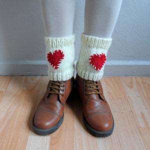 Knit Boot Cuffs Boot Toppers Hearts Leg Warmers Boot Socks in Red Cream Crochet Hearts Love Valentines Day Christmas Gift image 5