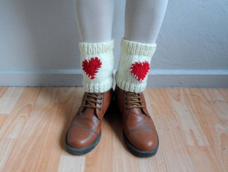 Knit Boot Cuffs Boot Toppers Hearts Leg Warmers Boot Socks in Red Cream Crochet Hearts Love Valentines Day Christmas Gift image 5