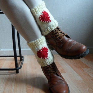 Knit Boot Cuffs Boot Toppers Hearts Leg Warmers Boot Socks in Red Cream Crochet Hearts Love Valentines Day Christmas Gift image 2