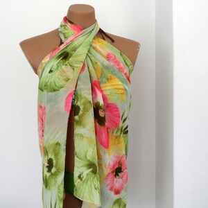 Crinkle Scarf, Floral Pareo, Summer Blooms, Pink Lime Green image 3