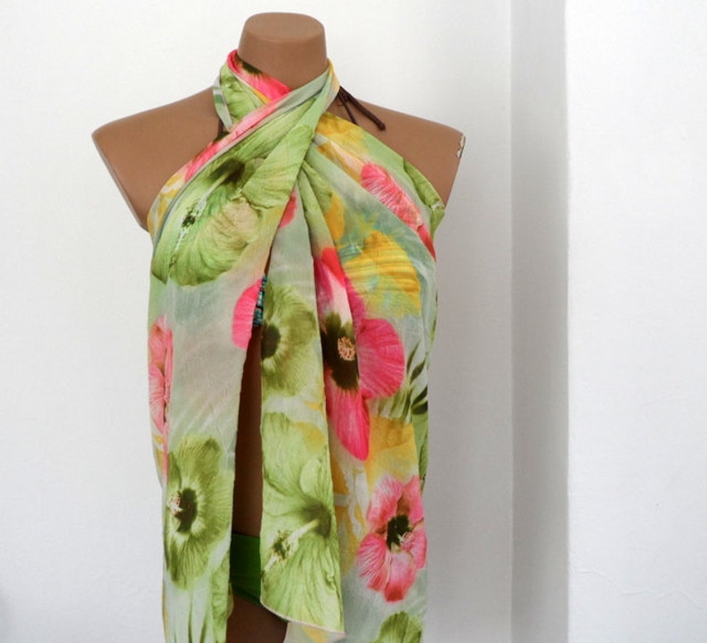 Crinkle Scarf, Floral Pareo, Summer Blooms, Pink Lime Green image 3