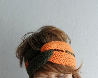 Knitted Headband Turban Headband Chunky Earwarmer Twist Headband Hair Accessory Two Color Orange Army Green