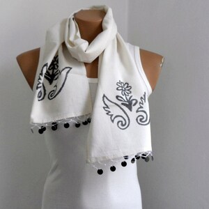 Cream Scarf, Women Scarves, Hand Stamp Cotton Scarf, Gift under 25, Gift for mom image 2