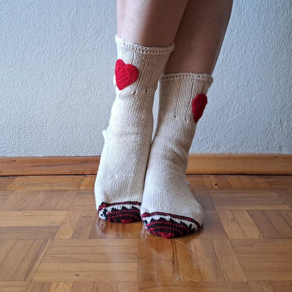 Cream Wool Socks, Heart Socks, Knit Wool Socks, Valentines Socks, Christmas Gift, Winter Socks