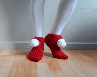 Christmas Slippers, Red Slippers, Women Slippers, Knit Slippers with Pompoms, House Shoes, Slippers Socks,Winter Accessories,Valentines Day