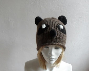 Panda Hat with Pompoms, Brown Hat, Unisex Hat, Panda Beanie, Winter Accessories