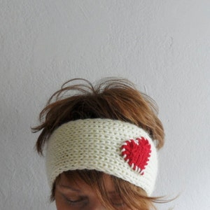 Knit Heart Headband Cream and Red, Ear warmer, Headwarmer, Head Wrap, Gift under 25, Gift for her,Winter Accessories,Valentines Day