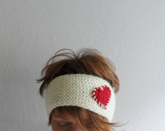 Knit Heart Headband Cream and Red, Ear warmer, Headwarmer, Head Wrap, Gift under 25, Gift for her,Winter Accessories,Valentines Day