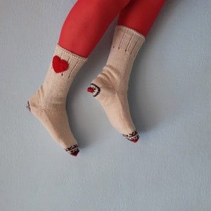 Cream Wool Socks, Heart Socks, Knit Wool Socks, Valentines Socks, Christmas Gift, Winter Socks image 8