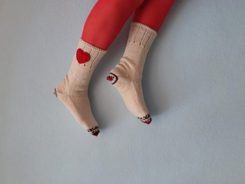 Cream Wool Socks, Heart Socks, Knit Wool Socks, Valentines Socks, Christmas Gift, Winter Socks image 8