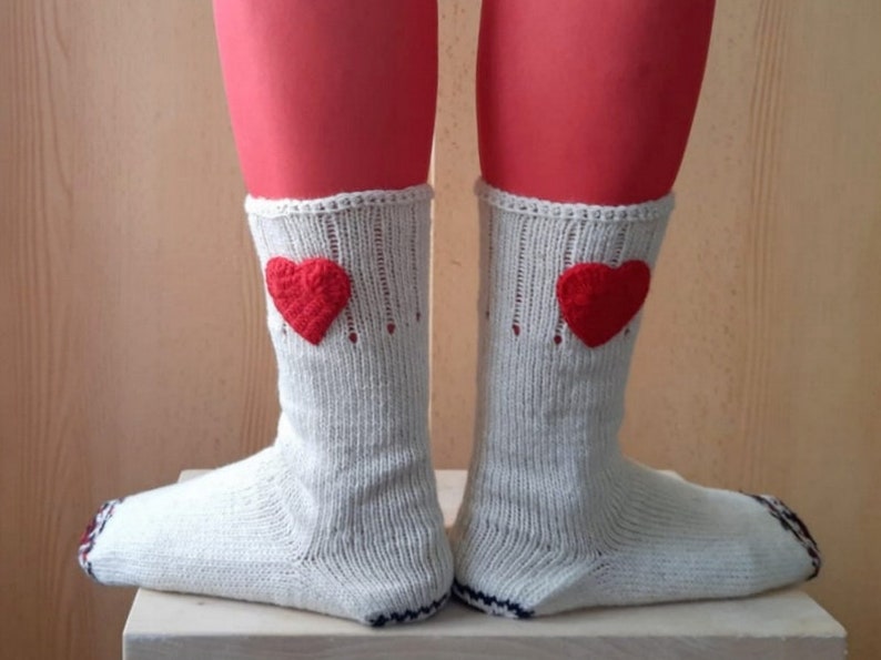 Cream Wool Socks, Heart Socks, Knit Wool Socks, Valentines Socks, Christmas Gift, Winter Socks image 6