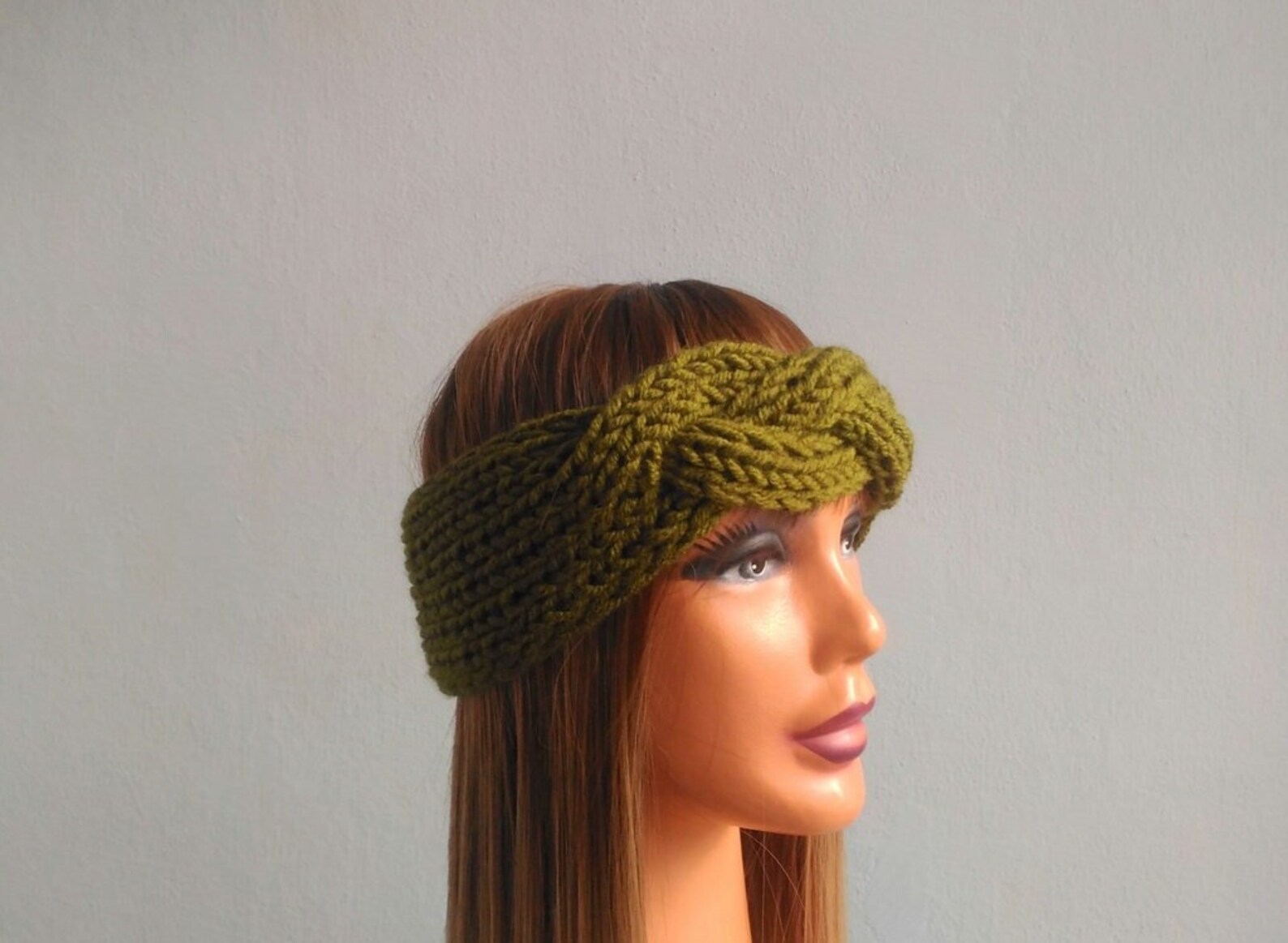 Chunky Hand Knit Headband Khaki Green Braid Hair Accessory Knitted