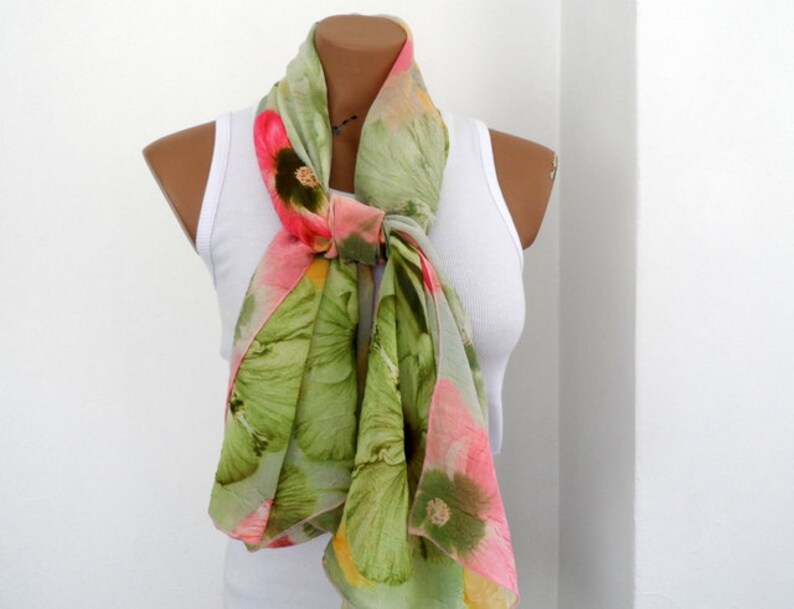 Crinkle Scarf, Floral Pareo, Summer Blooms, Pink Lime Green image 5