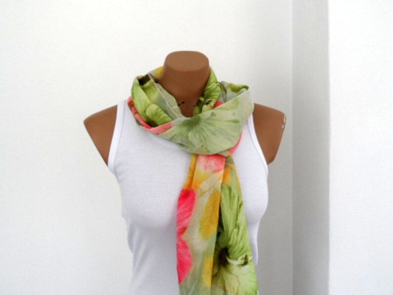 Crinkle Scarf, Floral Pareo, Summer Blooms, Pink Lime Green image 2