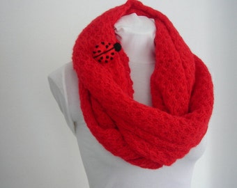 Chunky Infinity Scarf , Loop Scarf,  Circle Scarf, Long Scarf, Cowl Scarf, Red Scarf with Crochet Ladybug Brooch