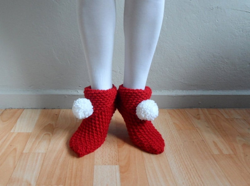 Christmas Slippers, Red Slippers, Women Slippers, Knit Slippers with Pompoms, House Shoes, Slippers Socks,Winter Accessories,Valentines Day image 2
