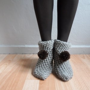 Women Slippers, Stone Beige Knit Slippers with Pompoms, House Shoes, Slippers Socks,Winter Fashion image 2