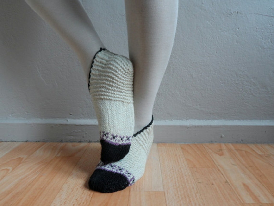 Hand Knitted Wool Cream Socks Slippers, Wool Socks, Women Socks, Black