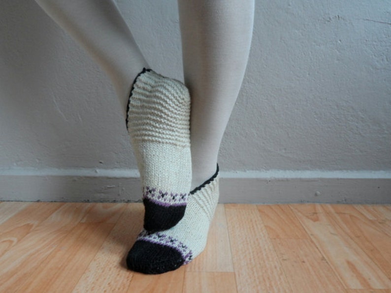 Hand Knitted Wool Cream Socks Slippers, Wool Socks, Women Socks, Black Purple Socks, Winter Fashion, Winter Accessories image 5