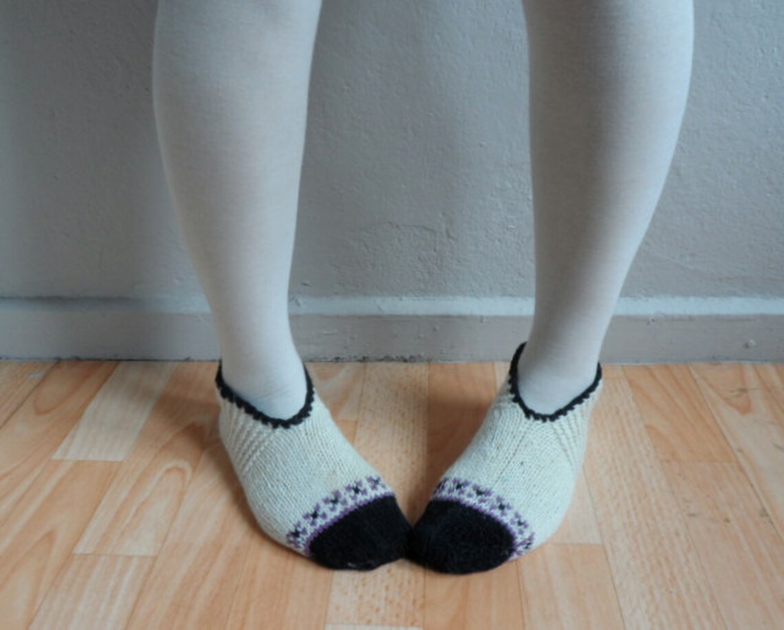 Hand Knitted Wool Cream Socks Slippers, Wool Socks, Women Socks, Black