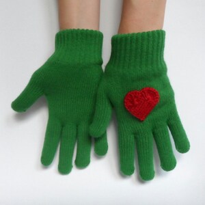 Green Gloves with Crochet Red Heart, Women Gloves, Knit Gloves, Christmas Gift, Gift for her image 5