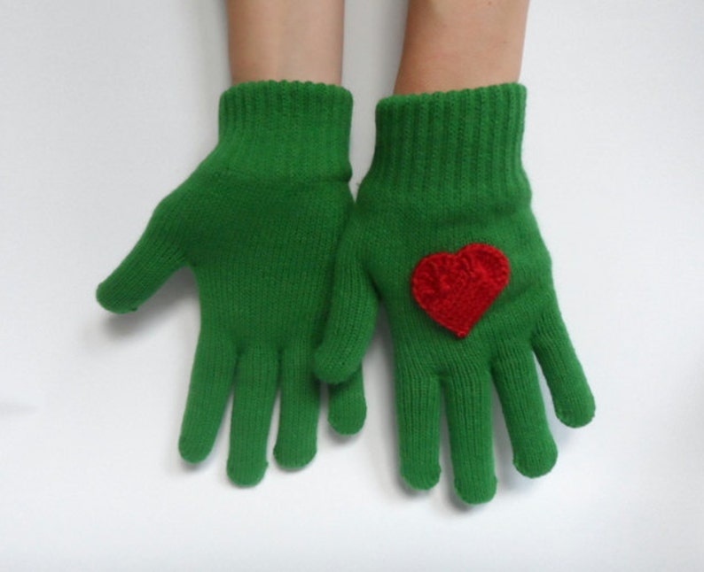 Green Gloves with Crochet Red Heart, Women Gloves, Knit Gloves, Christmas Gift, Gift for her image 5