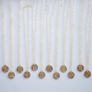 May include: A set of 12 gold necklaces with zodiac signs as pendants. The signs are: Capricorn, Aquarius, Pisces, Aries, Taurus, Gemini, Cancer, Leo, Virgo, Libra, Scorpio, and Sagittarius.