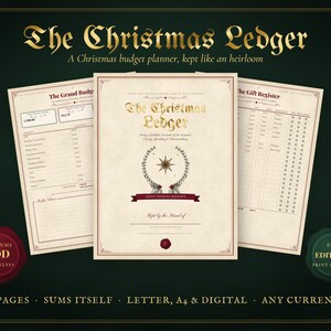 May include: The Christmas Ledger budget planner features a cream-coloured cover with gold text, a central star emblem, and a red banner. It is displayed with two open pages showing The Grand Budget and The Gift Register, with 32 pages total.