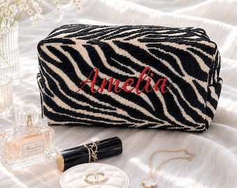 Personalized Zebra Print Makeup Bag, Embroidered Cosmetic Bag, Custom Travel Makeup Bag, Bridesmaid Gift, Gift for Her