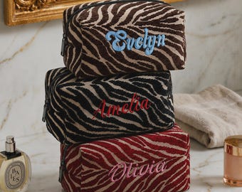 Aangepaste make-uptas met zebra, geborduurd cosmetische reistasje, toilettas met dierenprint, cadeauzakje bruidsmeisje