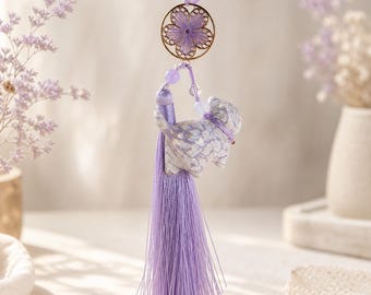 Breloque chat marbré lavande, pompon violet, accessoire de sac à main bohème floral