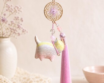 Portachiavi a forma di gatto pastello, portachiavi con cerniera e nappina rosa, portachiavi floreale per borsetta, portachiavi per specchietto retrovisore dell'auto, regalo per gli amanti dei gatti