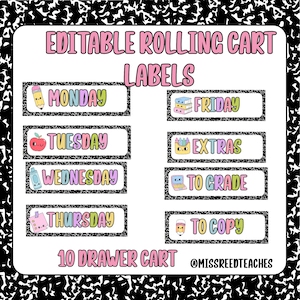 May include: A set of editable rolling cart labels for a 10 drawer cart featuring a black and white composition notebook pattern border. The labels include the text Monday, Tuesday, Wednesday, Thursday, Friday, Extras, To Grade, and To Copy.