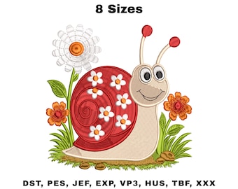 Cute Snail Embroidery Design, Floral Garden Snail Machine Embroidery File, Daisy Floral Embroidery Pattern, Digital Download.