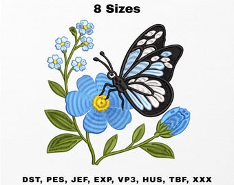 Blue Butterfly Embroidery Design, Daisy Flower Machine Embroidery File, Floral Garden Embroidery Pattern, Digital Download.